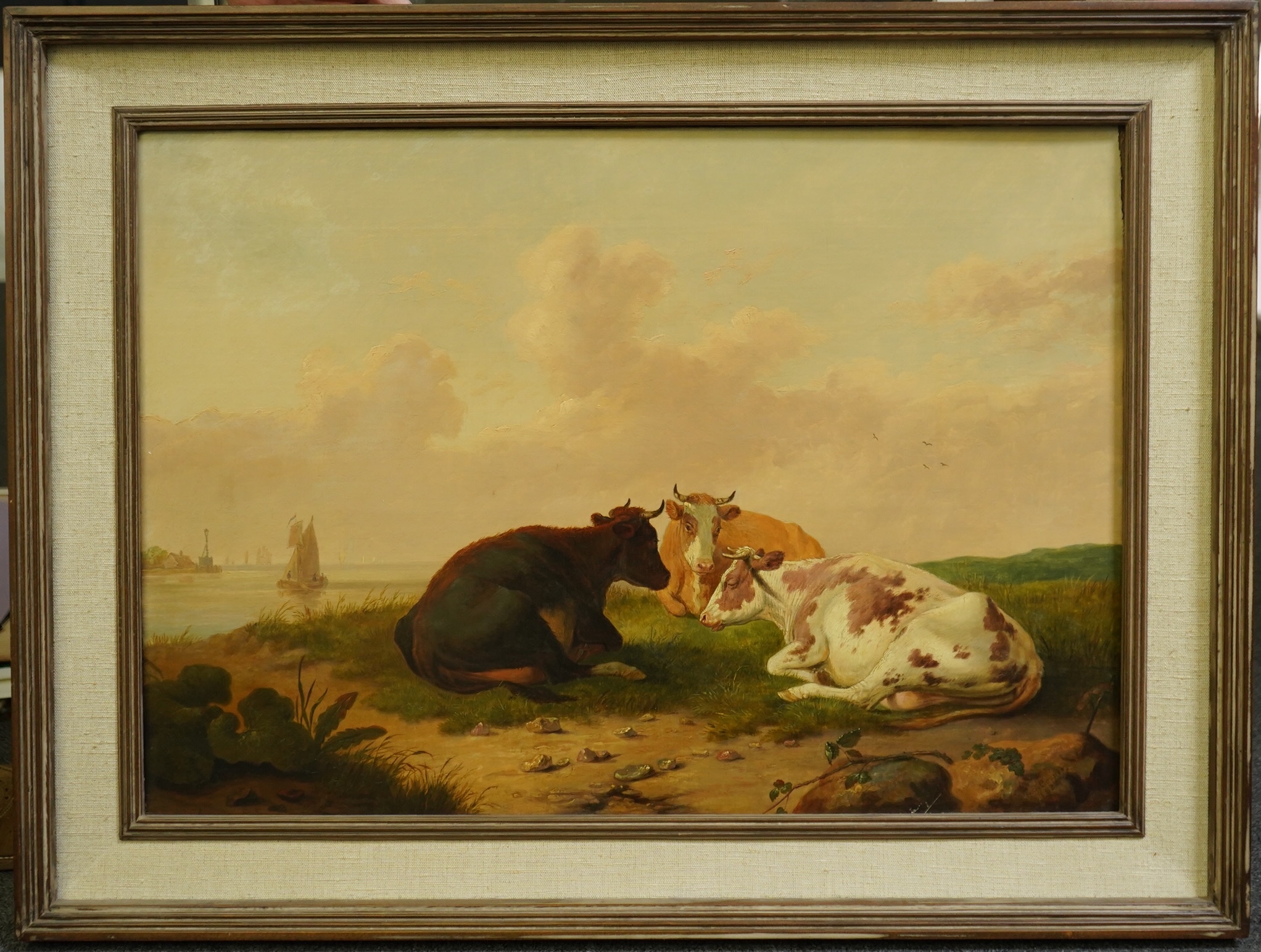 Thomas Sydney Cooper (English, 1803-1902), Cattle resting in a coastal meadow, oil on canvas, 50 x 71cm